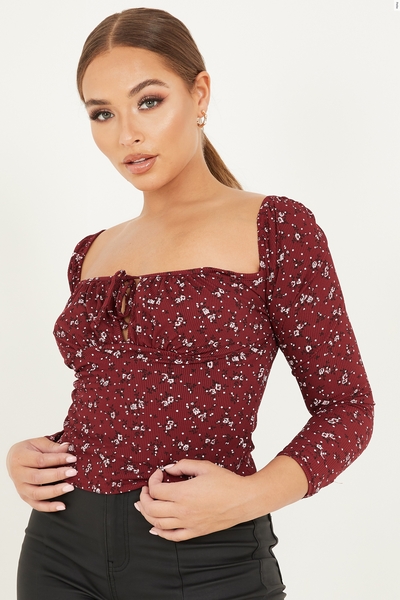 Petite Berry Floral Ribbed Crop Top